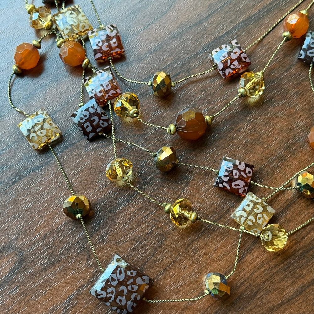Y2K Lucite and Metal Layered Brown Leopard Statement Necklace